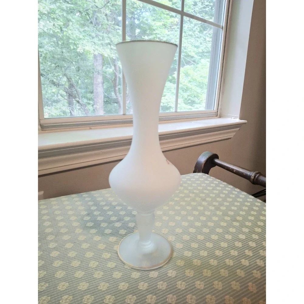 Vintage White Frosted Glass Vase Bird Flower Motif Gold Rim 10